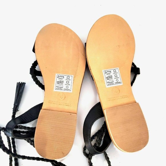 Asos Flat Black Braided Lace Up Sandals Size 6 Strappy Boho Bohemian Festival - Picture 10 of 12